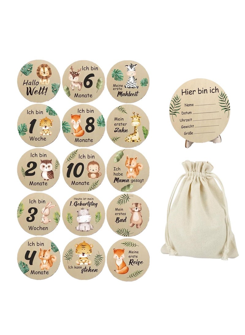 Monthly Milestone Photo Cards for Baby's First Year 15 Pcs Wooden Newborn Welcome Discs Sign Double Sided Photo Prop with Stand Exquisite Animal Pattern Pregnancy Journey Milestone Markers