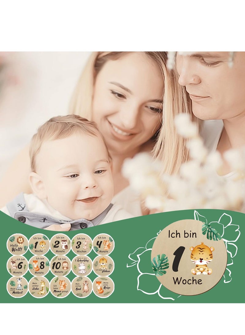 Monthly Milestone Photo Cards for Baby's First Year 15 Pcs Wooden Newborn Welcome Discs Sign Double Sided Photo Prop with Stand Exquisite Animal Pattern Pregnancy Journey Milestone Markers