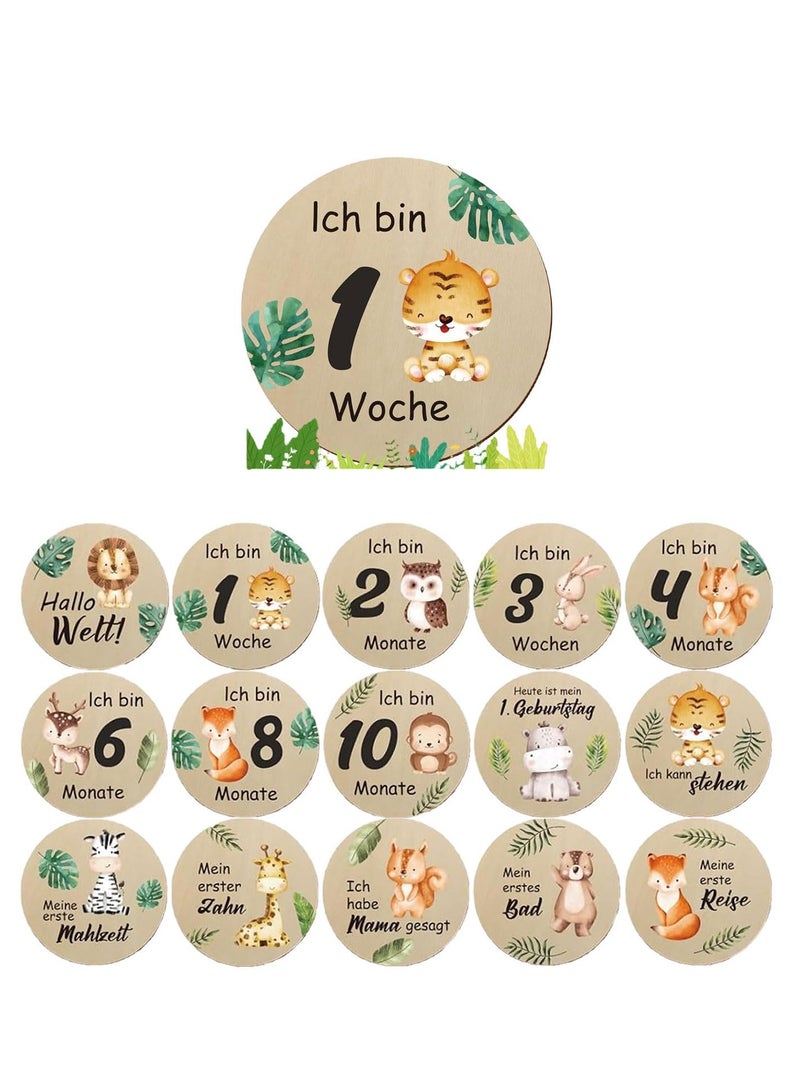 Monthly Milestone Photo Cards for Baby's First Year 15 Pcs Wooden Newborn Welcome Discs Sign Double Sided Photo Prop with Stand Exquisite Animal Pattern Pregnancy Journey Milestone Markers