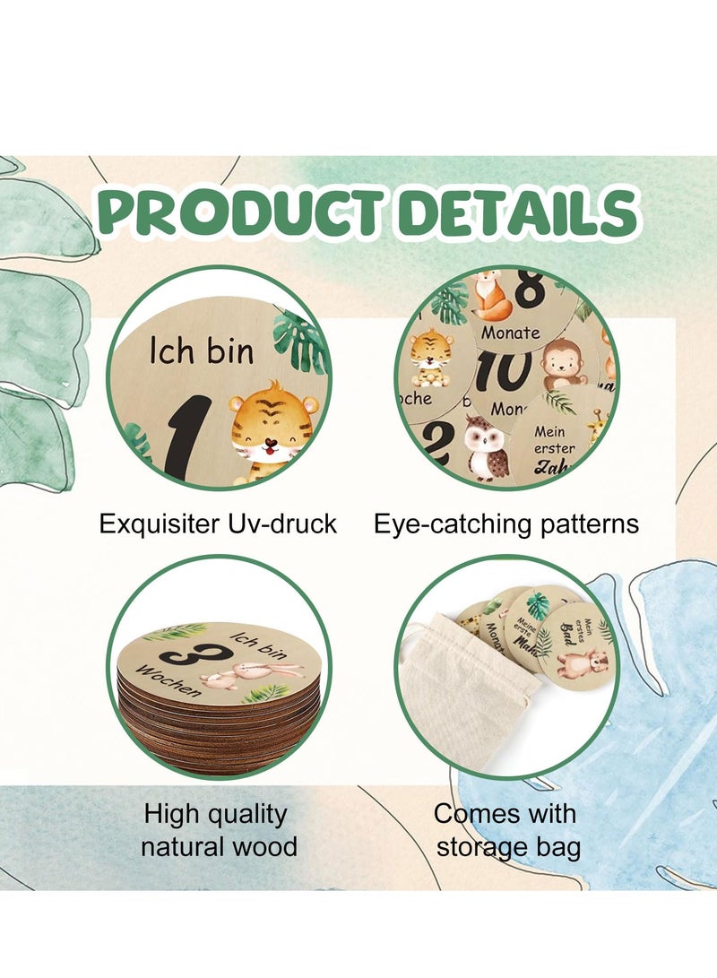 Monthly Milestone Photo Cards for Baby's First Year 15 Pcs Wooden Newborn Welcome Discs Sign Double Sided Photo Prop with Stand Exquisite Animal Pattern Pregnancy Journey Milestone Markers