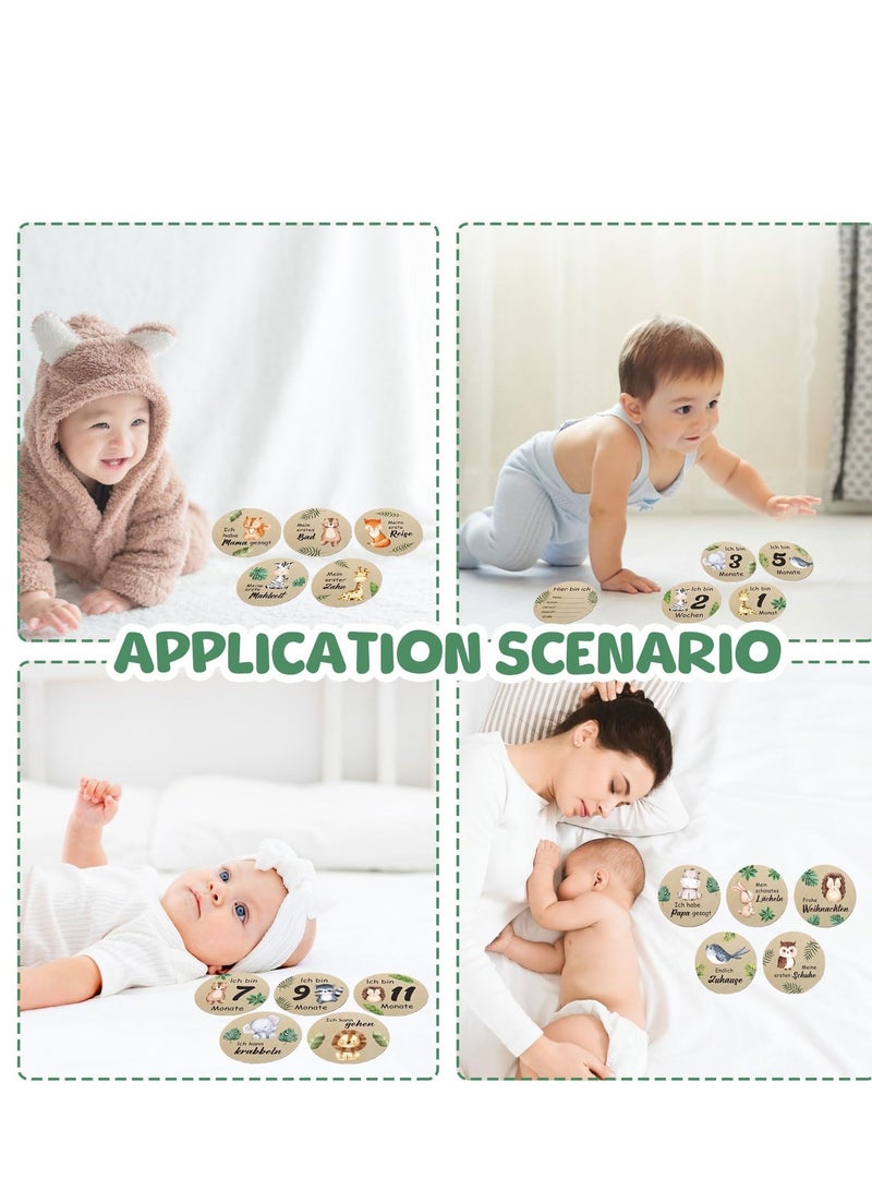 Monthly Milestone Photo Cards for Baby's First Year 15 Pcs Wooden Newborn Welcome Discs Sign Double Sided Photo Prop with Stand Exquisite Animal Pattern Pregnancy Journey Milestone Markers