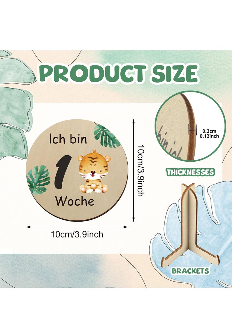 Monthly Milestone Photo Cards for Baby's First Year 15 Pcs Wooden Newborn Welcome Discs Sign Double Sided Photo Prop with Stand Exquisite Animal Pattern Pregnancy Journey Milestone Markers