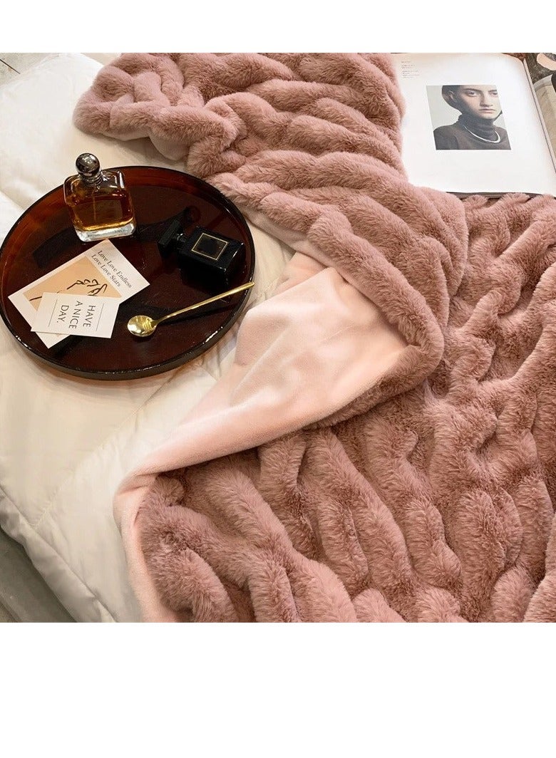 Faux Fur Blanket Thick Warm Rabbit Hair Gray Plush Soft Plaid Throw Blanket for Double Bed Winter Sofa Cover 200*230CM beige