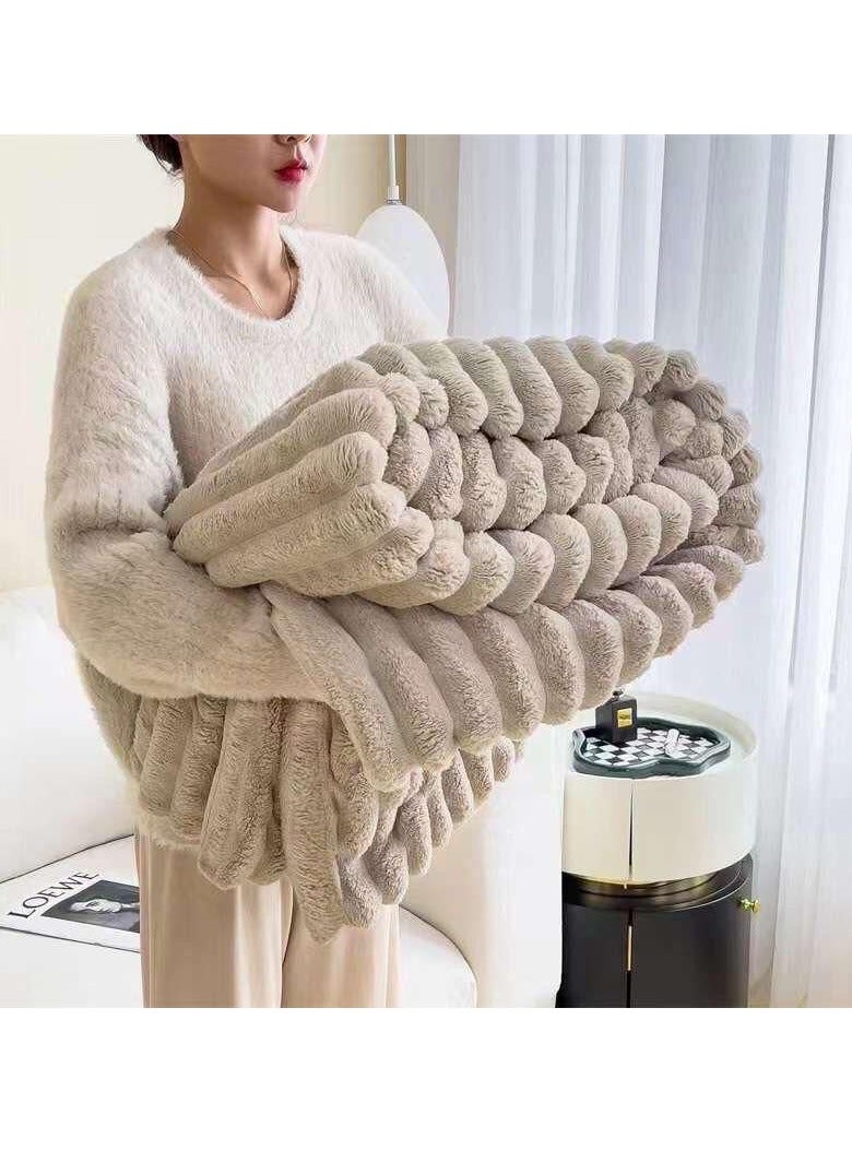 Faux Fur Blanket Thick Warm Rabbit Hair Gray Plush Soft Plaid Throw Blanket for Double Bed Winter Sofa Cover 200*230CM beige