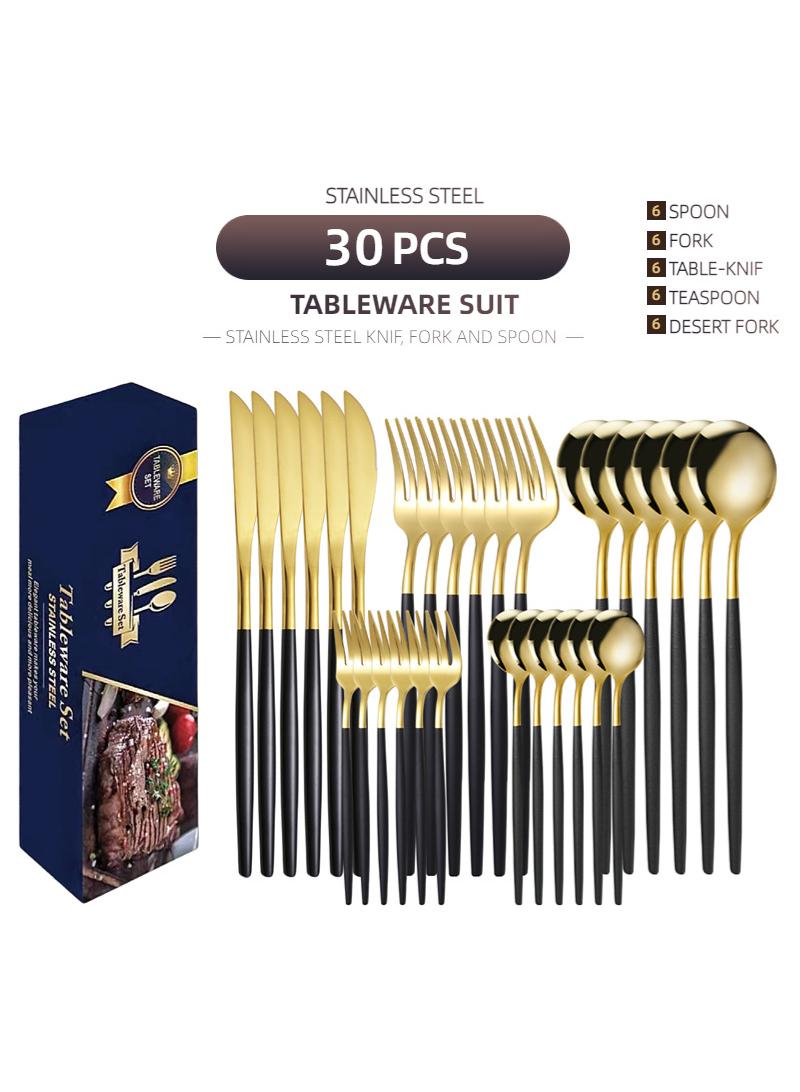 30-Piece Knife Fork Spoon Full Set Gold/Black