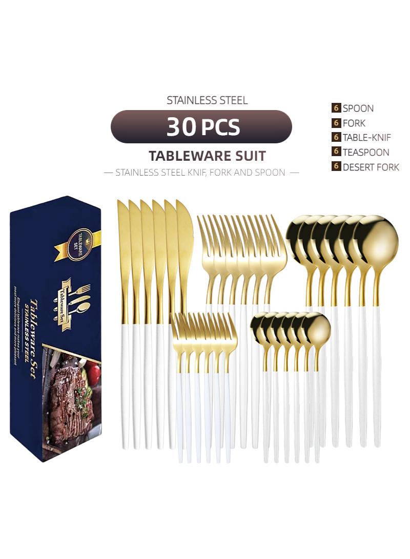 30-Piece Knife Fork Spoon Full Set Gold/White