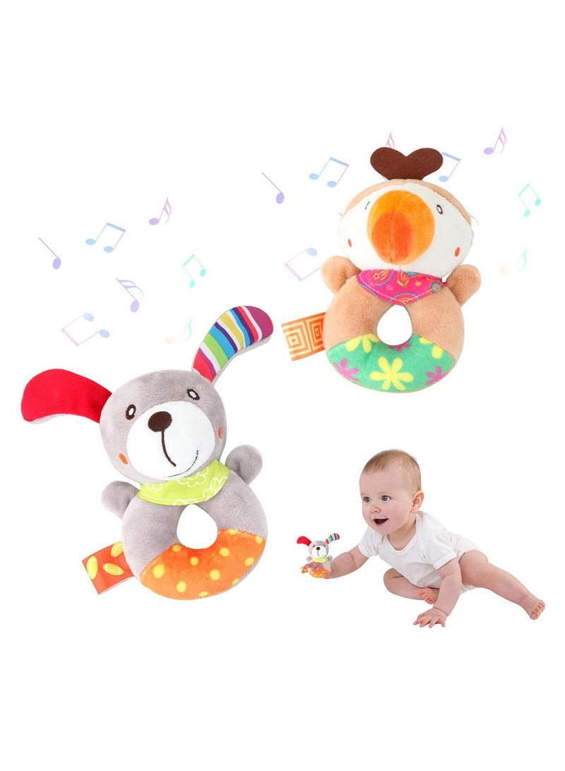 Baby Rattle Toys, 2 Pcs Plush Soft Animal Hand Rattles, 0-6 Months Rattles Toys for Newborn