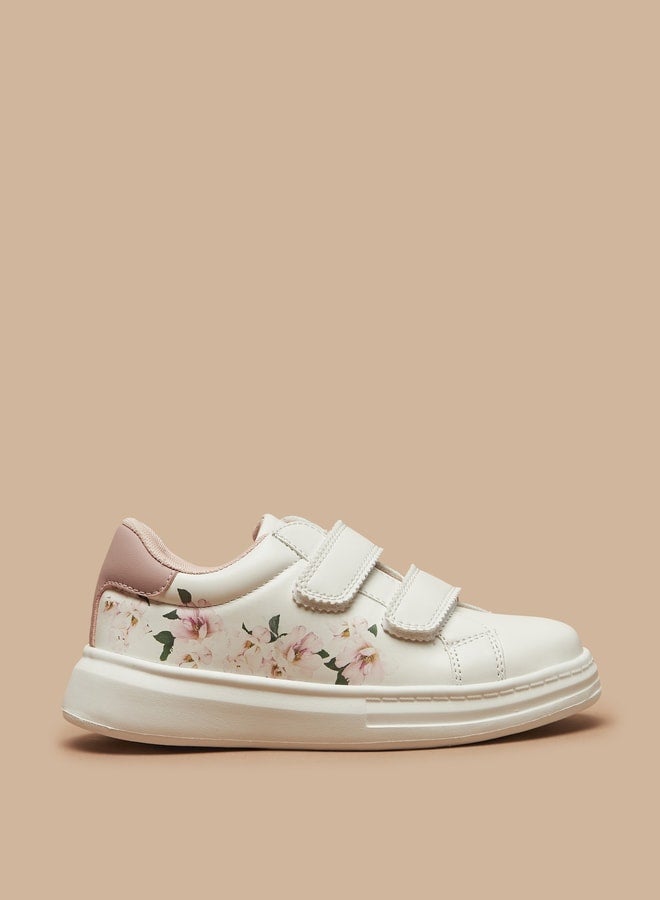 Girl's Floral Print Casual Sneakers Shoes With Hook And Loop Closure