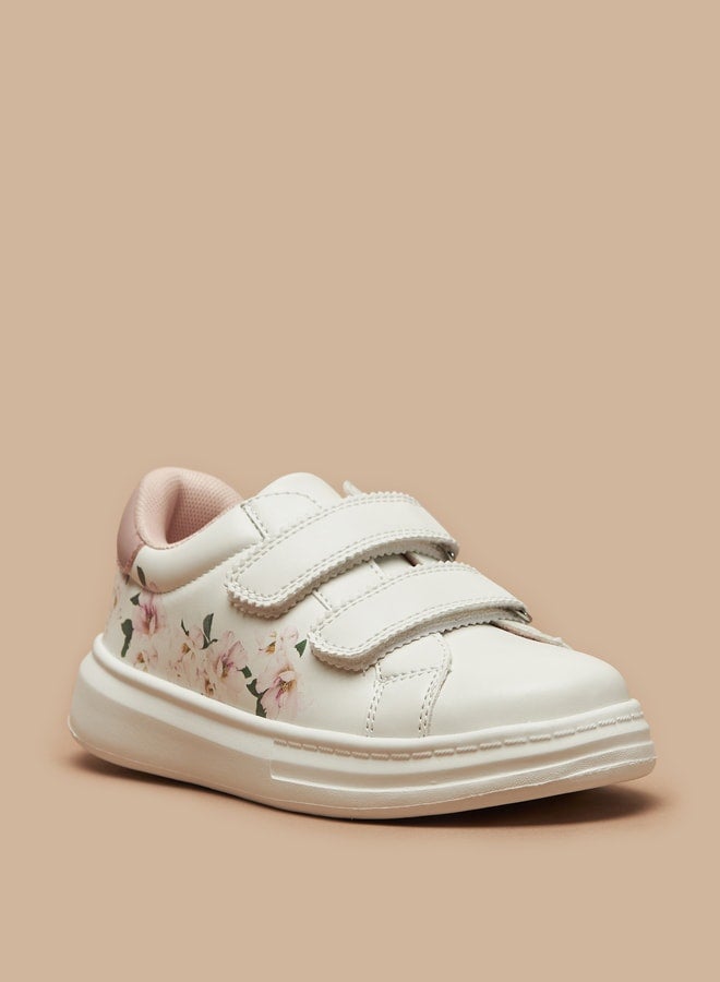 Girl's Floral Print Casual Sneakers Shoes With Hook And Loop Closure