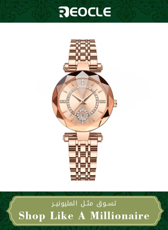 Women's Quartz Watch with Stainless Steel Strap & Round Diamond Dial & Date & Daily Waterproof Elegant Wrist Watch as Ladies Gifts
