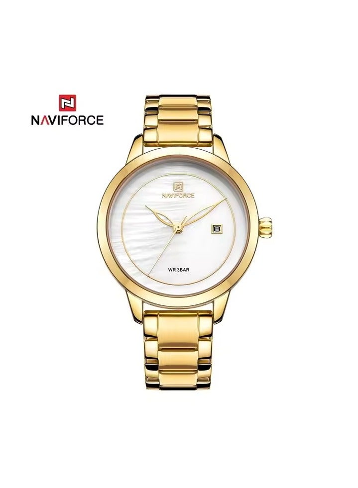 NAVIFORCE Women Fashion Minimalist Waterproof Wrist Watch Analog Date with Stainless Steel Mesh Band NF5008 - Gold