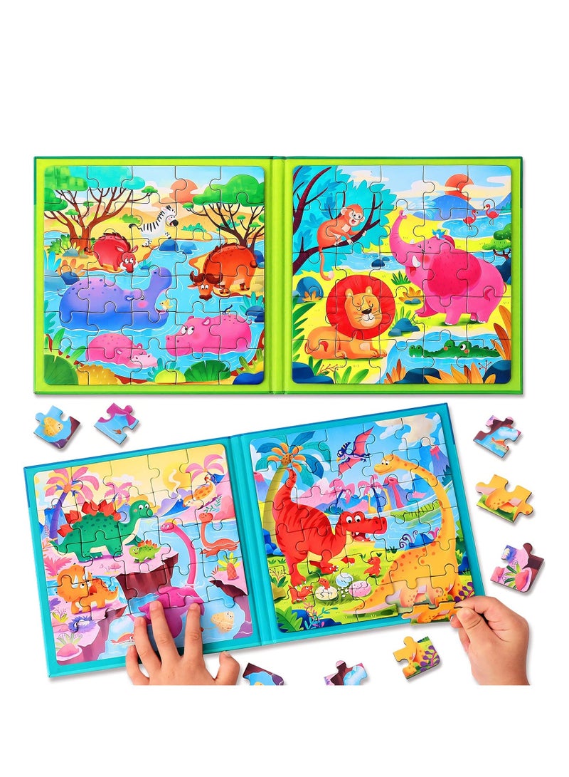 Magnetic Puzzles for Kids Ages 3-5, Two-Book Set, 110 Pieces Dinosaur Animal Theme Travel Toddler Puzzles, Preschool Learning Activities Toys 3 4 5 6 Year Old Boys Girls
