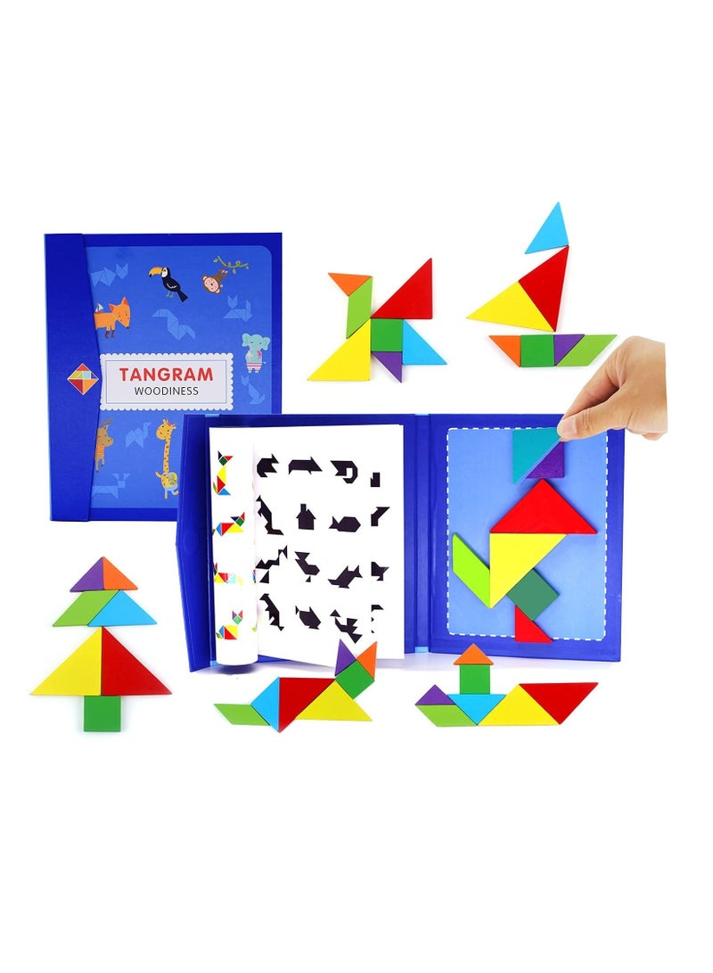 Wooden Pattern Tangram Magnetic Puzzle, Block Book, IQ Educational Toy Gift Brain Teasers for Kid Toddlers Age 3+ Years Old