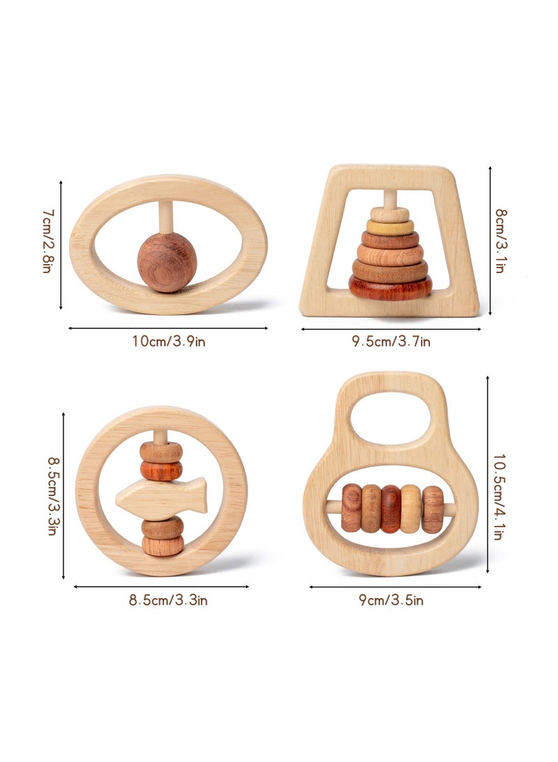 Wooden Baby Rattles Set, 4 Pcs Montessori Toys for Babies, Wooden Rattle for Newborn Babies 0-6-12 Months, Toddler Shower Gift for Boys and Girls