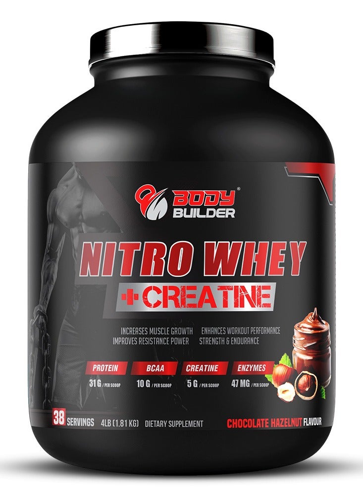 Body Builder Nitro Whey Protein Plus Creatine, Blend Whey Protein Concentrated and Isolated,Contains Digestive Enzymes, Hazelnut Flavor, 4 Lbs