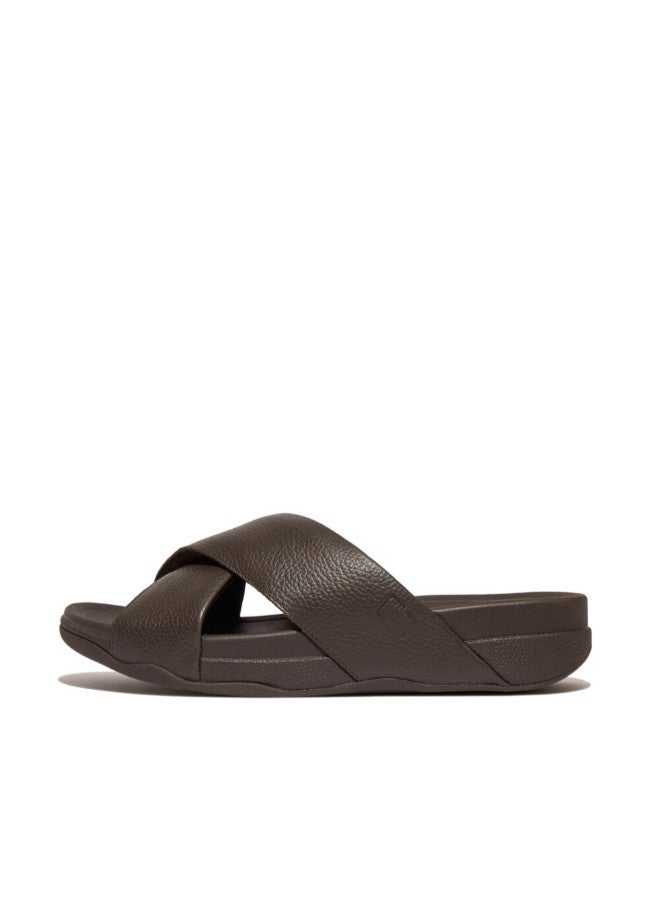 049-776 Fitflop Men Surfer Mens Tumbled-Leather Cross Slides HA6-167 Chocolate