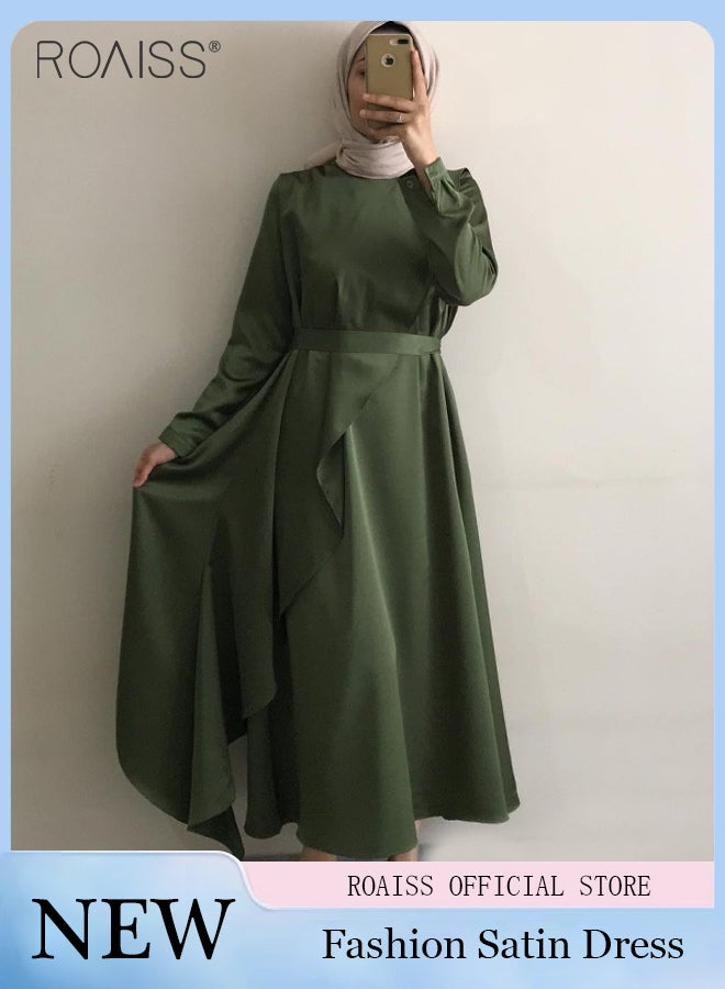 Abaya Style Solid Color Satin Dress Women'S Fashion Versatile Ruffle Daily Commuting Long-Sleeved Long Skirt
