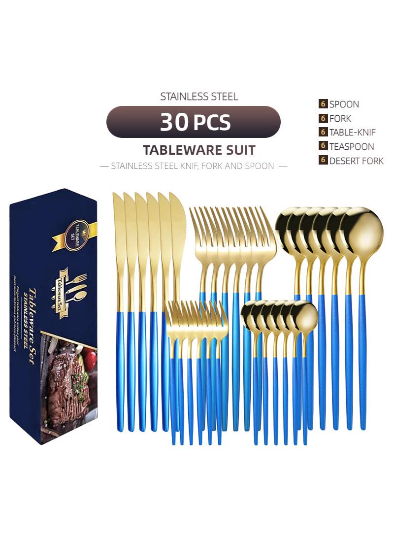 30-Piece Knife Fork Spoon Full Set Gold/Blue