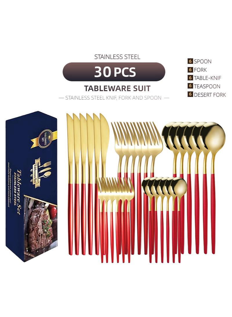 30-Piece Knife Fork Spoon Full Set Gold/Red