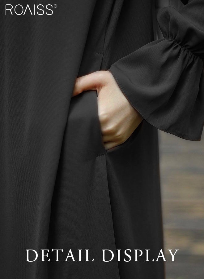 Abaya Style Solid Color Casual Loose  Flared Dress Women'S Fashion Versatile Commuting Daily Long-Sleeve Long Skirt for Ladies Elegant Temperament Casual Outfit