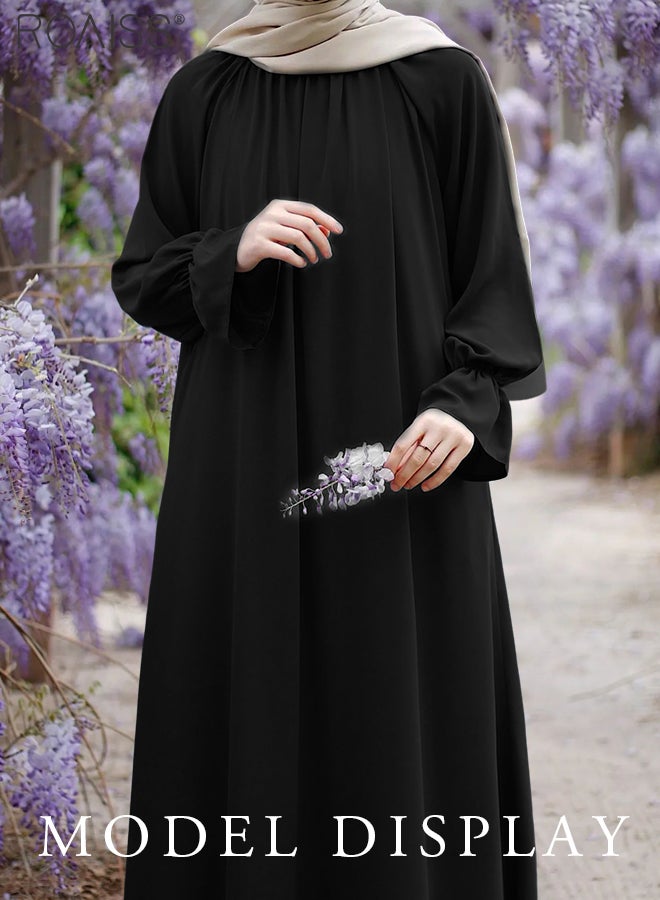 Abaya Style Solid Color Casual Loose  Flared Dress Women'S Fashion Versatile Commuting Daily Long-Sleeve Long Skirt for Ladies Elegant Temperament Casual Outfit