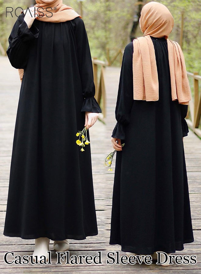 Abaya Style Solid Color Casual Loose  Flared Dress Women'S Fashion Versatile Commuting Daily Long-Sleeve Long Skirt for Ladies Elegant Temperament Casual Outfit