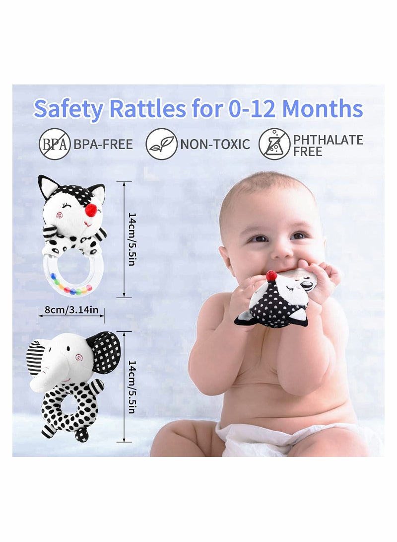 Baby Rattle Toys for 0-6 Months, 2Pcs Handbell Grasping Toys, Newborn Soft Rattles Teething Ring, Sensory Plush Toy Set 0 3 6 9 12 Month Infant Boys Girls Shower Gift (Elephant/Fox)