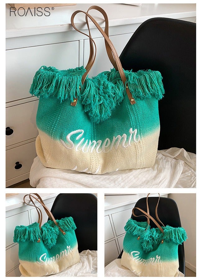 Women's Gradient Canvas Tote Bag Tassel Large Capacity Shoulder Bag Fashion Embroidery Versatile Handbag