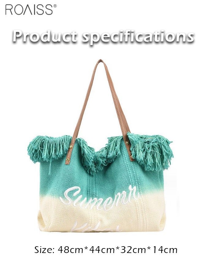 Women's Gradient Canvas Tote Bag Tassel Large Capacity Shoulder Bag Fashion Embroidery Versatile Handbag