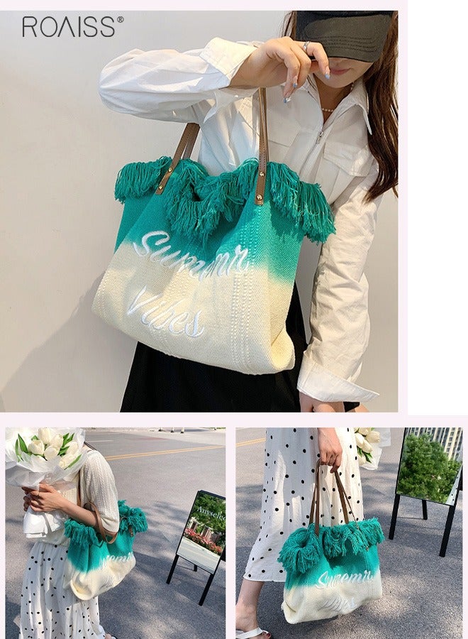 Women's Gradient Canvas Tote Bag Tassel Large Capacity Shoulder Bag Fashion Embroidery Versatile Handbag