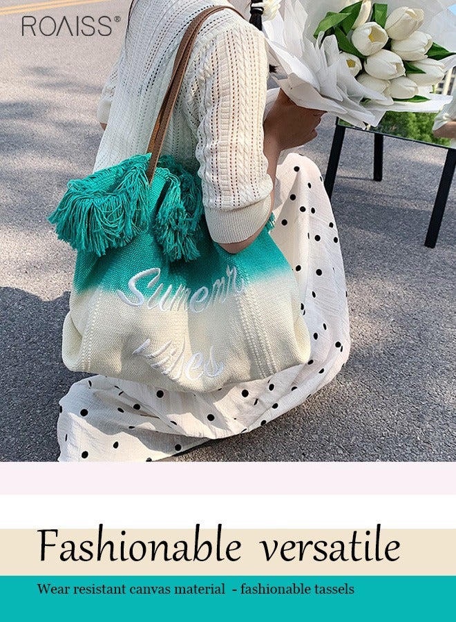 Women's Gradient Canvas Tote Bag Tassel Large Capacity Shoulder Bag Fashion Embroidery Versatile Handbag