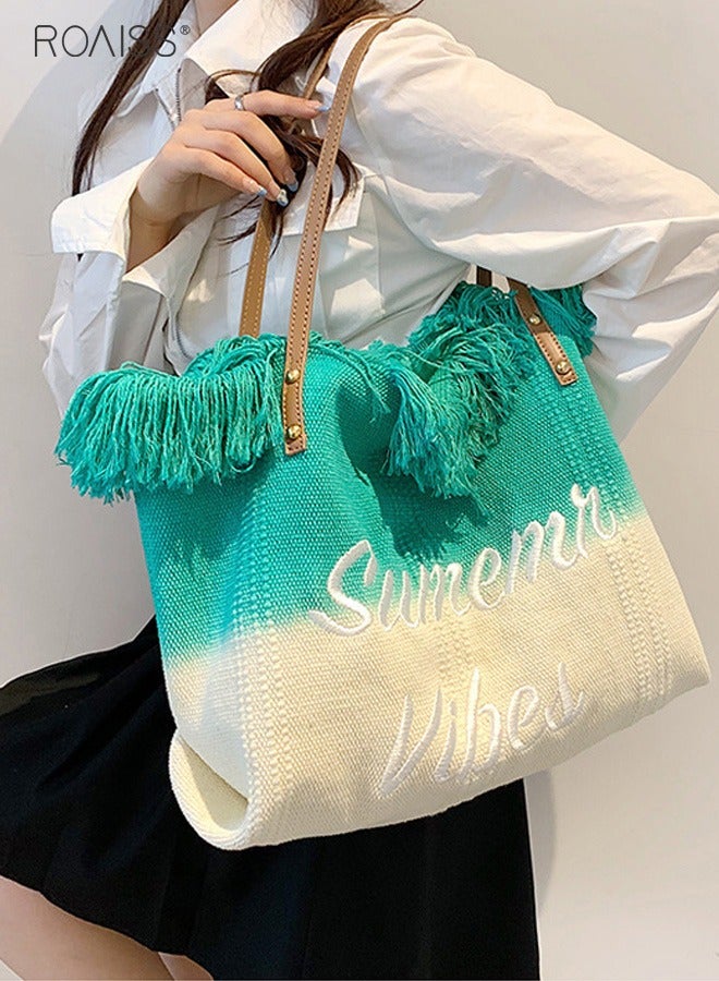 Women's Gradient Canvas Tote Bag Tassel Large Capacity Shoulder Bag Fashion Embroidery Versatile Handbag