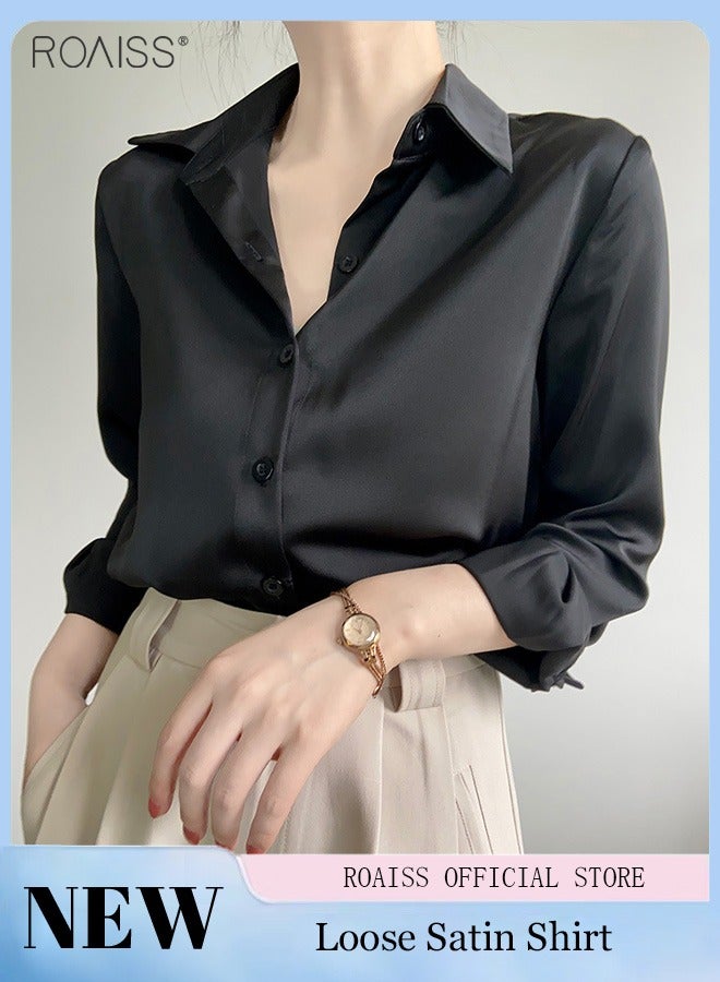 Women's Satin Luminous Drape Shirt Casual Versatile Loose Top Classic Polo Collar Long Sleeved Shirt With Button Closure