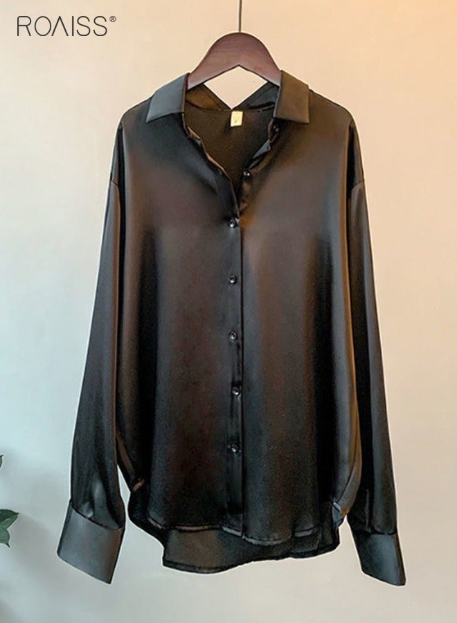 Women's Satin Luminous Drape Shirt Casual Versatile Loose Top Classic Polo Collar Long Sleeved Shirt With Button Closure