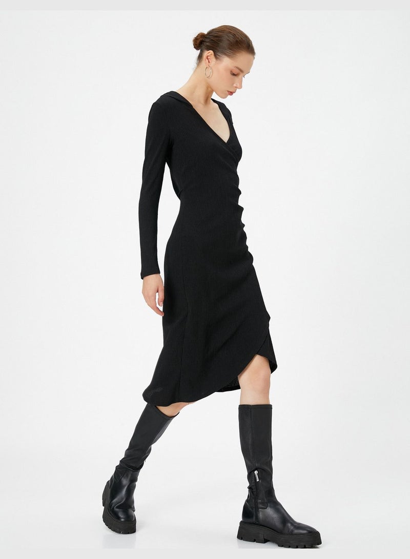 Envelop Midi Hooded Dress Long Sleeve V Neck Asymmetric Cut