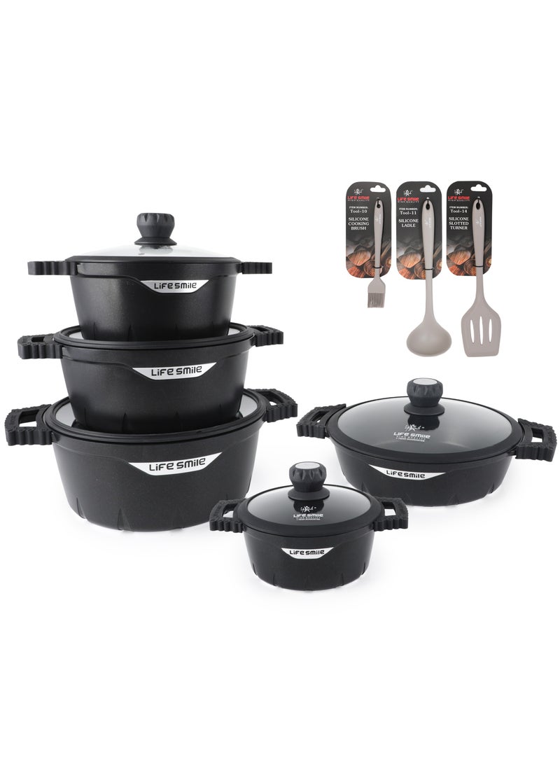 Cookware Set 13 pieces - LIFE SMILE Pots and Pans set Granite Non Stick Coating 100% PFOA FREE, Cooking Set include Casseroles & Shallow Pot & Fry Pans & Silicone Utensils