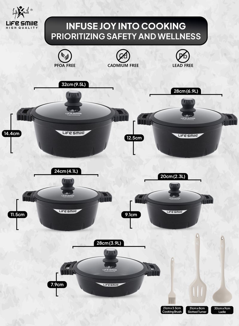 Cookware Set 13 pieces - LIFE SMILE Pots and Pans set Granite Non Stick Coating 100% PFOA FREE, Cooking Set include Casseroles & Shallow Pot & Fry Pans & Silicone Utensils