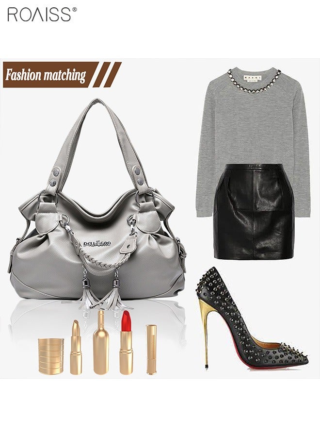 Women's PU Tote Bag Fashion Soft Leather Tassel Bag Large Capacity Handbag Soft Leather Shoulder Bag