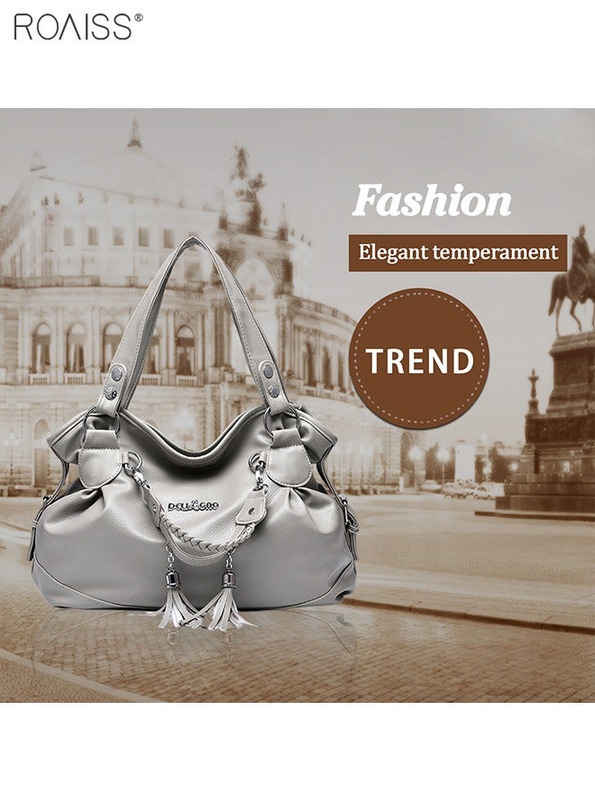 Women's PU Tote Bag Fashion Soft Leather Tassel Bag Large Capacity Handbag Soft Leather Shoulder Bag