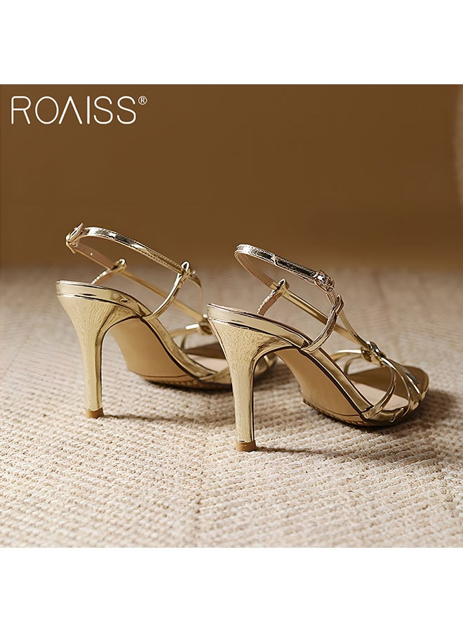 Women's Strappy Open Toe High Heels Gold Round Head Design With 6Cm Slim High Heels Adjustable Ankle Tightness