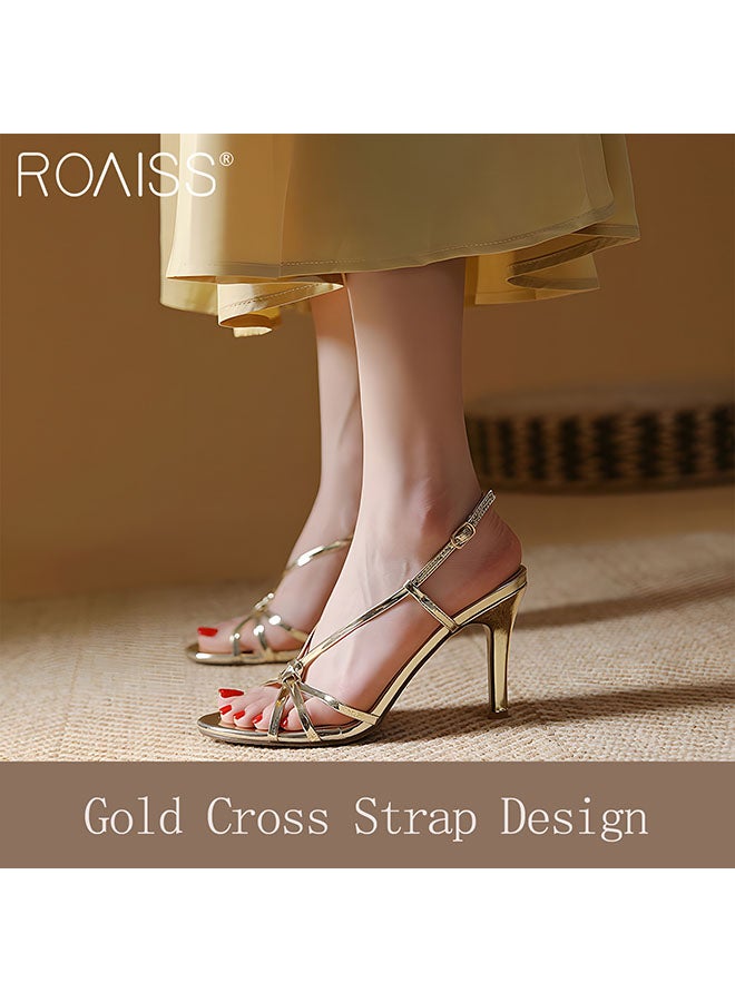 Women's Strappy Open Toe High Heels Gold Round Head Design With 6Cm Slim High Heels Adjustable Ankle Tightness