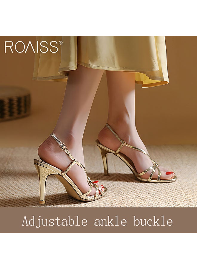 Women's Strappy Open Toe High Heels Gold Round Head Design With 6Cm Slim High Heels Adjustable Ankle Tightness