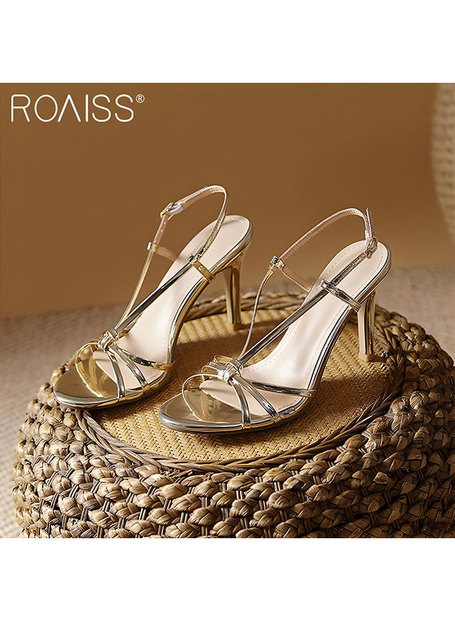 Women's Strappy Open Toe High Heels Gold Round Head Design With 6Cm Slim High Heels Adjustable Ankle Tightness