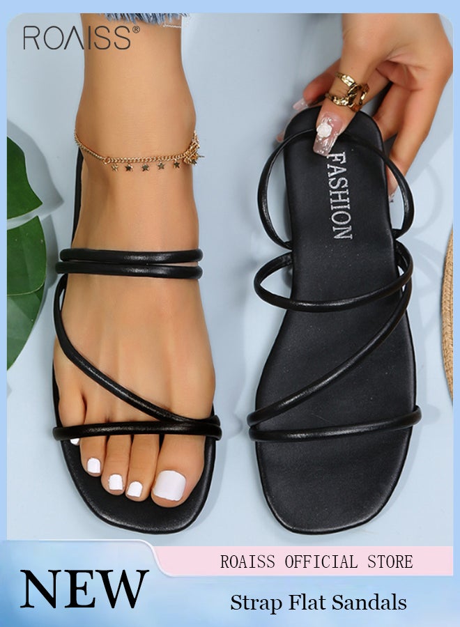 Fashion Simple Versatile Sandals For Women Daily Commuting Summer Thin Straps Open Toe Hollow Flat Bottom 2-Wear Sandals Or Slippers