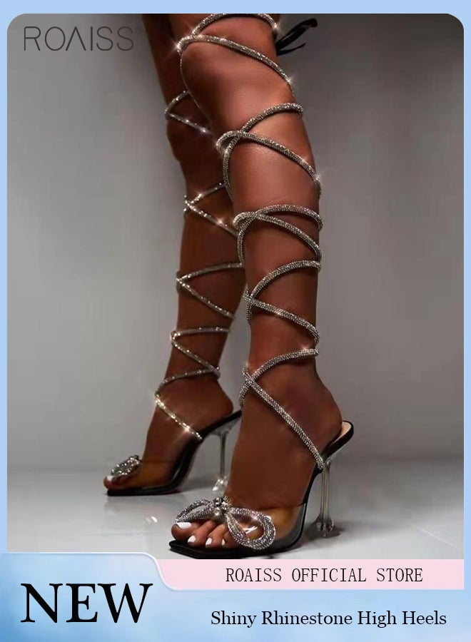 Fashion Versatile Open Toe High Heel Sandals Women'S Daily Party Sparkling Rhinestone Bow Ultra High Cross Strap Roman Sandals