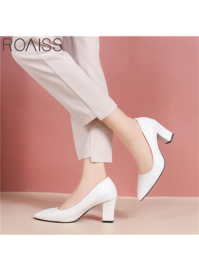 Pointed Toe Covered Thick Heels Fashionable Classic Pu Leather Solid Color Shallow Cut Work Shoes 7Cm Thick Heel Anti Slip High Heels