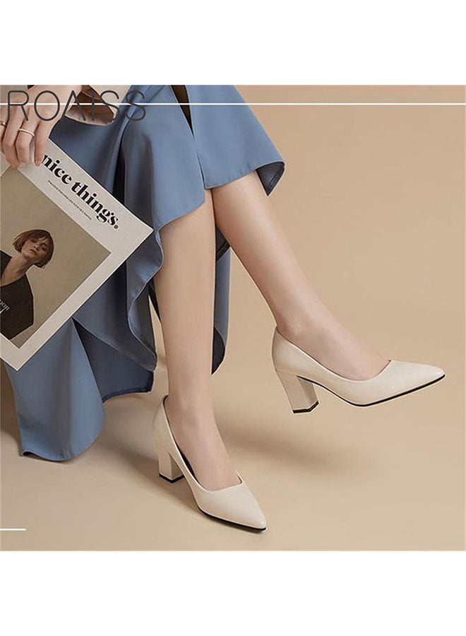 Pointed Toe Covered Thick Heels Fashionable Classic Pu Leather Solid Color Shallow Cut Work Shoes 7Cm Thick Heel Anti Slip High Heels