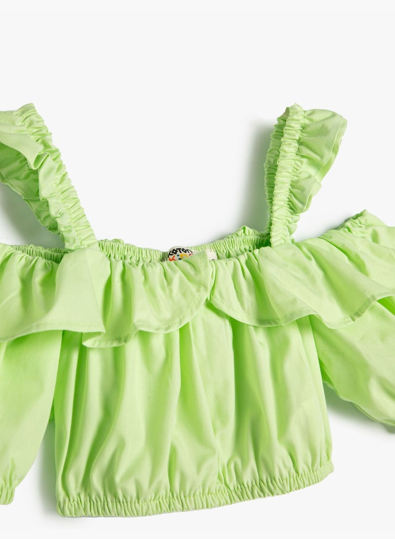 Crop Blouse Short Puff Sleeve Ruffled Pleated Cotton