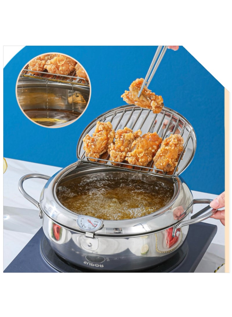 Fryer Frying Pot Cooking Pot Japanese Style Stainless Steel Tempura Fryer with Thermometer Lid and Oil Drip Rack for French Fries Fish Crispy Meat