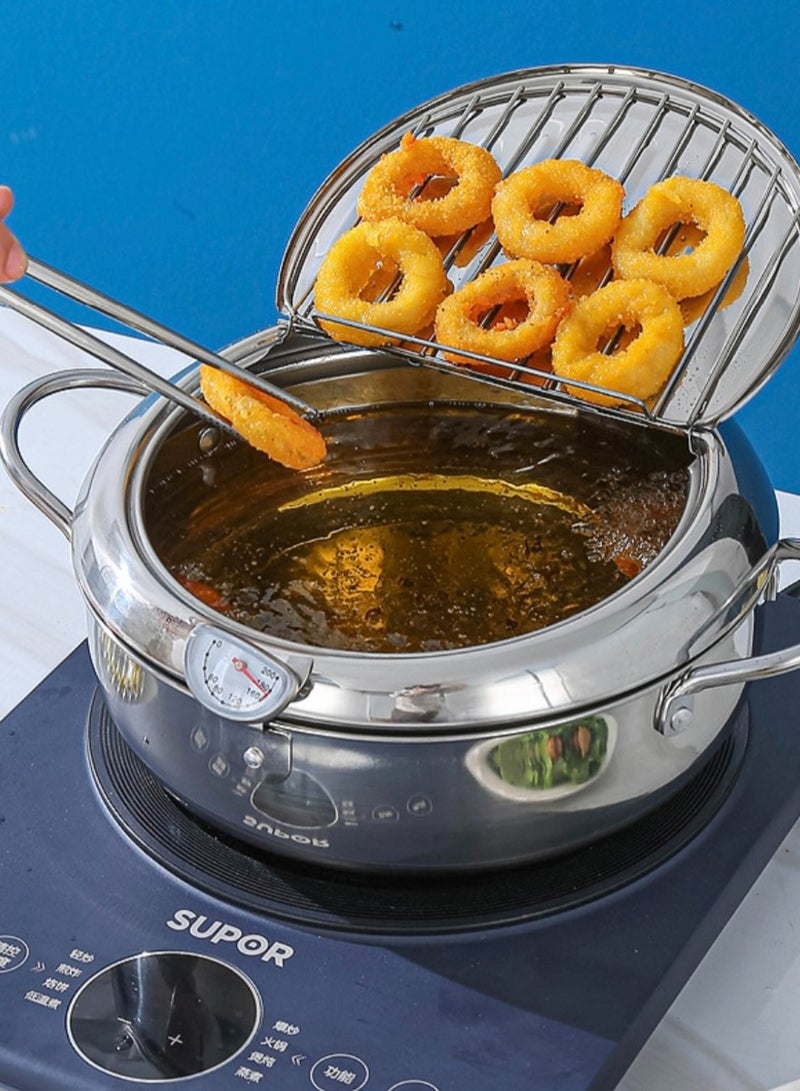 Fryer Frying Pot Cooking Pot Japanese Style Stainless Steel Tempura Fryer with Thermometer Lid and Oil Drip Rack for French Fries Fish Crispy Meat